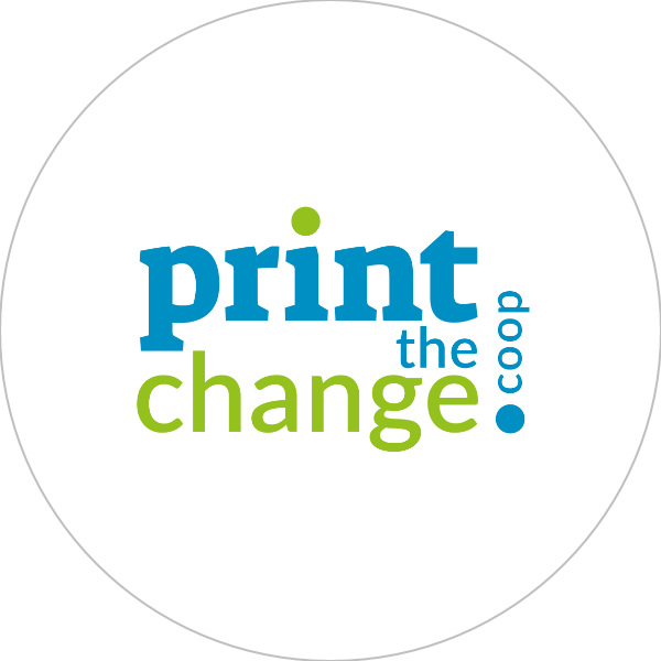 Logo print the change coop, grün blau
