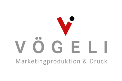 Vögeli - Marketing und Druck. Logo grau rot
